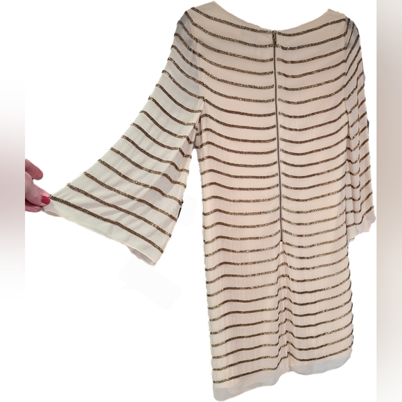 ALICE + OLIVIA Ivory Gold Metallic Beaded Bell Sleeve 3/4 Sheath Stripe S - Picture 11 of 16